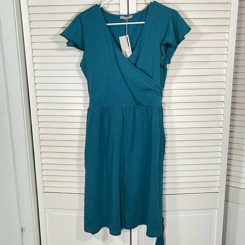 Furnex Women's V Neck Teal Midi Dress With Belt Size Large